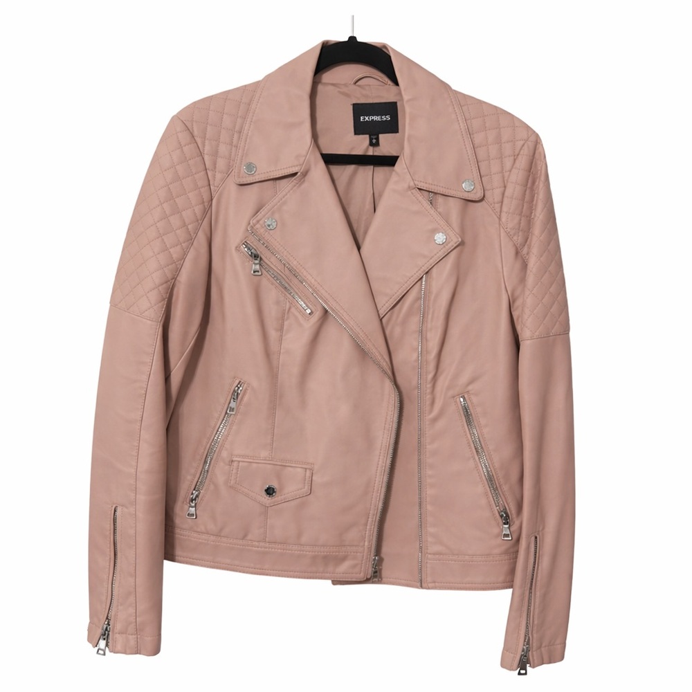 Express Blush Pink Vegan Leather Moto Jacket Quilted‎ Biker Asymmetrical Zip